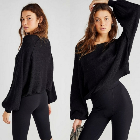 Free People Sweaters - Free People Balloon Sleeve Black Popcorn Crewneck Sweater Size Medium NWOT
